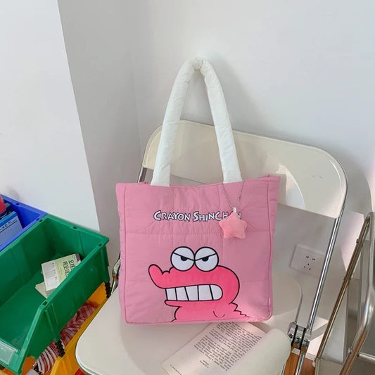 Crayon Shinchan Pink Puffy Tote Bag – Cute Korean Style Quilted Shoulder Handbag for Girls, College, Travel & Daily Use
