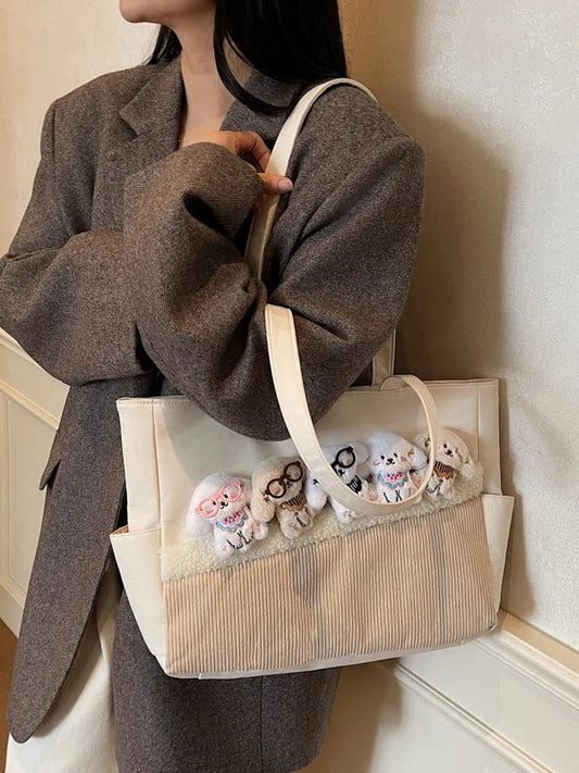 Smilebox Puppy Plush Tote Bag for Girls – Cute Korean Style Shoulder Handbag | Soft Aesthetic Cartoon Dog Shopper Bag