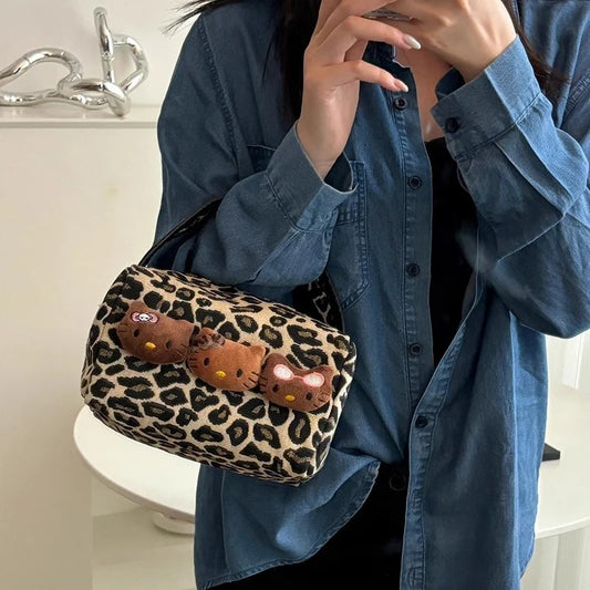 Smilebox Leopard Print Hello Kitty Shoulder Bag – Cute Plush Character Handbag for Girls, Women | Y2K Aesthetic Tote Bag