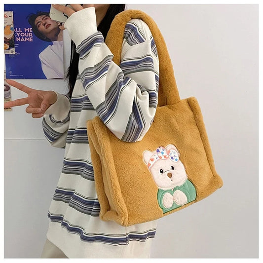 Smilebox Plush Bear Tote Bag for Girls | Soft Cute Teddy Shoulder Handbag for Daily Use