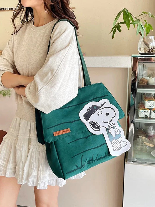 Snoopy Green Canvas Tote Bag – Large Capacity Peanuts Shopping Bag | Cute Cartoon Shoulder Bag for Girls & Wome