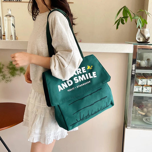 Snoopy Green Canvas Tote Bag – Large Capacity Peanuts Shopping Bag | Cute Cartoon Shoulder Bag for Girls & Wome