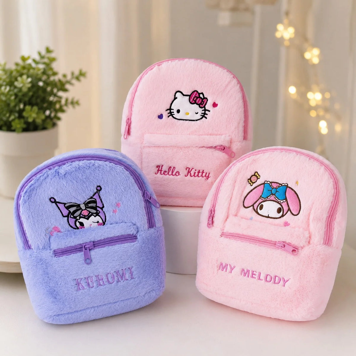 Cute Plush Mini Backpack for Girls – Hello Kitty, Kuromi & My Melody Soft Furry Kawaii Bagpack